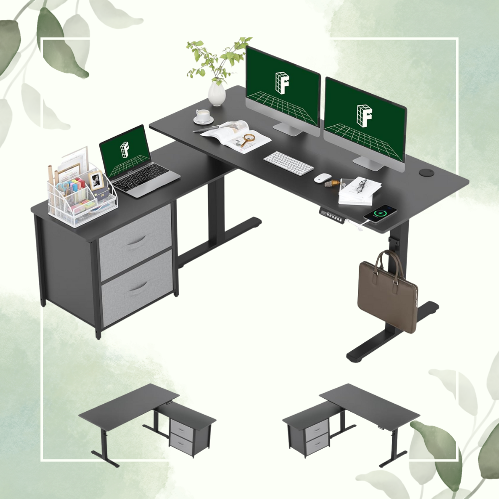 FLEXISPOT 55'' L Shaped Standing Desk with Drawers and Shelves,