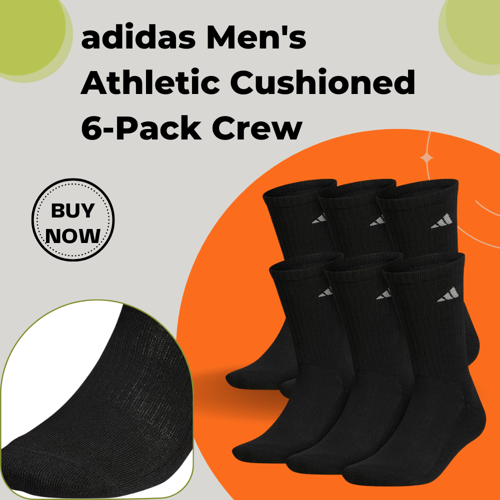 adidas Men's Athletic Cushioned 6-Pack Crew, Cushioned Crew Socks with Arch Compression for a Secure Fit