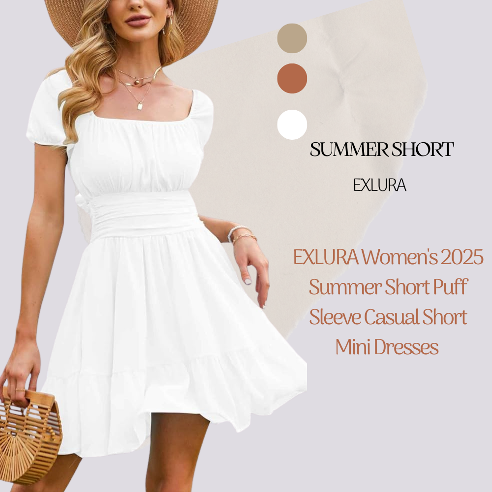 EXLURA Women's 2025 Summer Short Puff Sleeve Casual Short Mini Dresses
