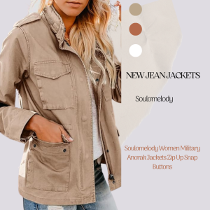Soulomelody Women Military Anorak Jackets Zip Up Snap Buttons