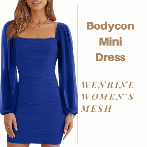 Wenrine Women's Mesh Long Sleeve Square Neck Ruched Party Club Cocktail Bodycon Mini Dress