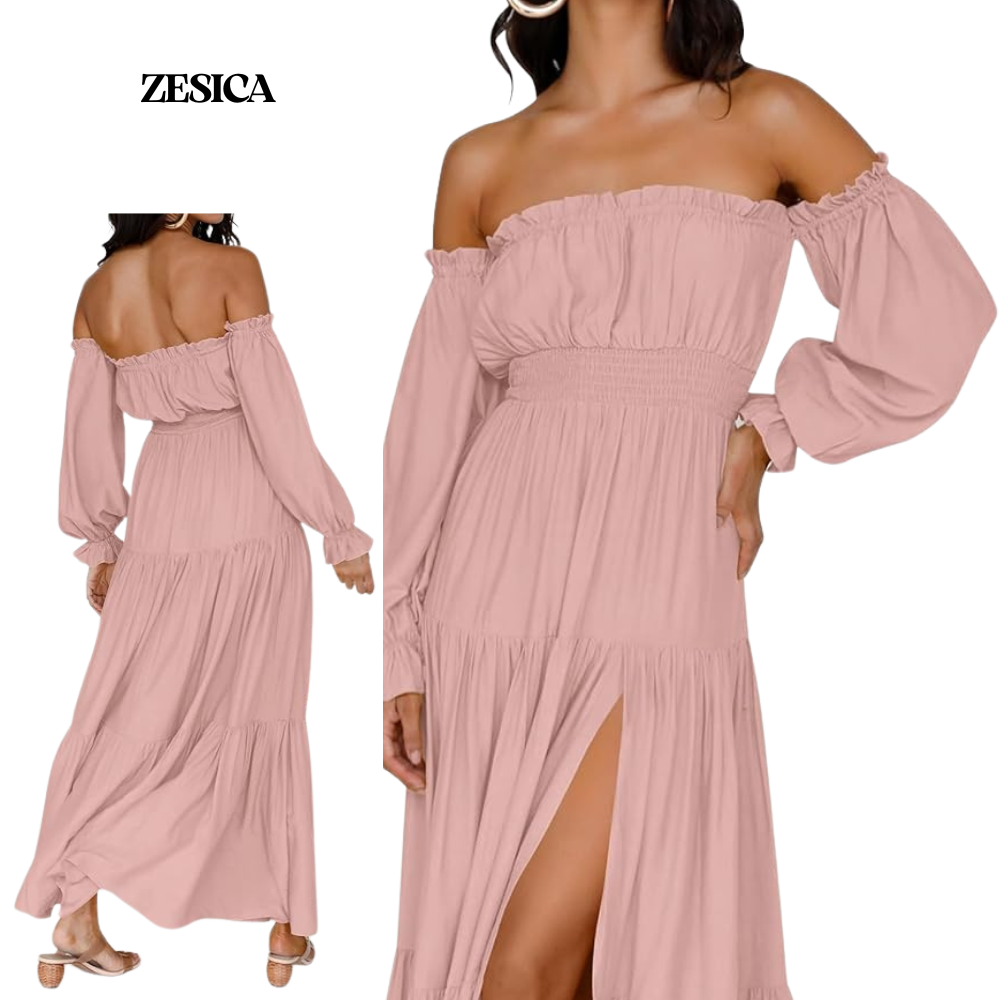 ZESICA Women's 2025 Boho Sexy Off Shoulder Long Sleeve Smocked 1